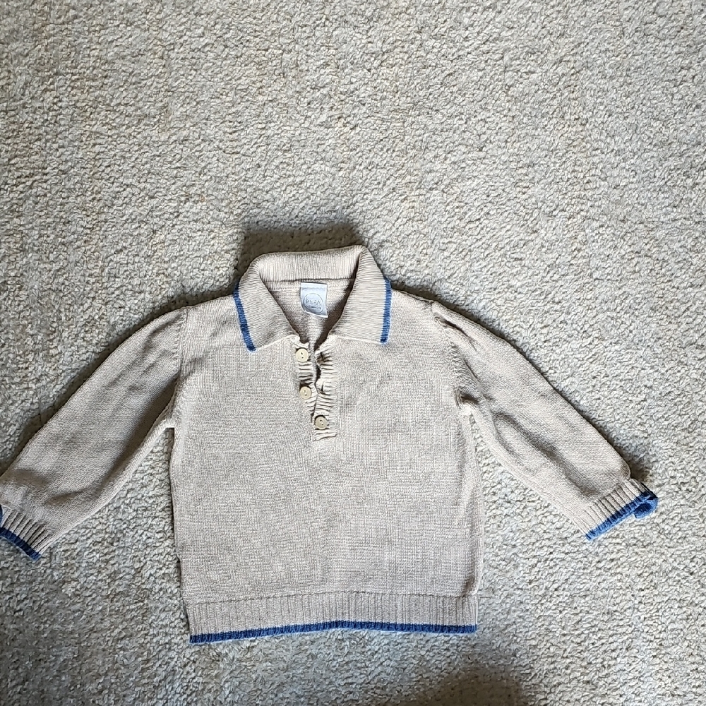 Pepa London 12m Beige Long Sleeve Polo Sweater with French Blue Trim